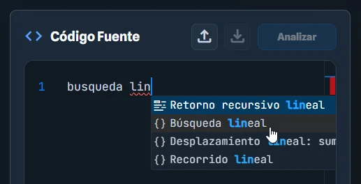 Autocompletado o error de sintaxis en el editor.