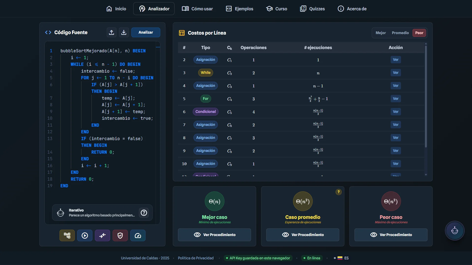 Resultados del análisis de Bubble Sort mejorado con costos y comportamiento asintótico.