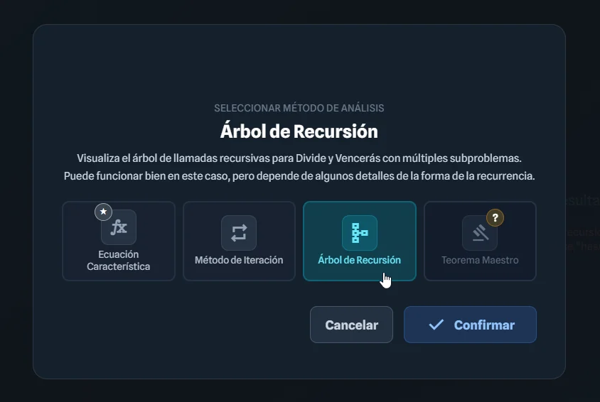 Modal de selección de métodos de recurrencia para Fibonacci.