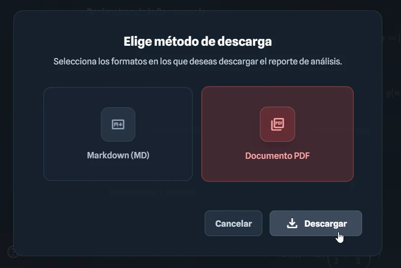 Menú de exportación con opción PDF visible.