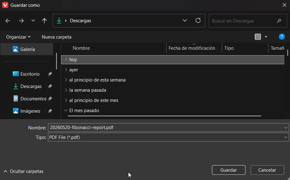 Diálogo de guardado del PDF exportado.