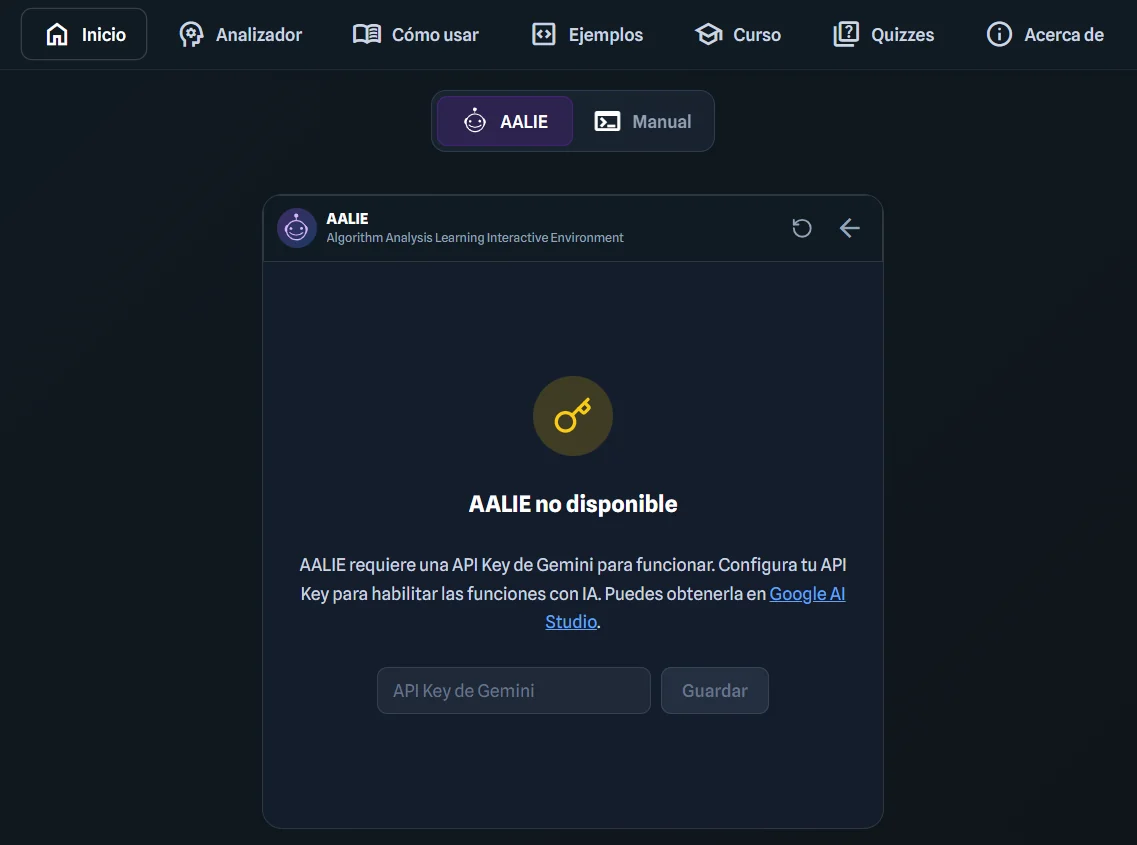 Modal o panel solicitando API Key de Gemini para activar el asistente.