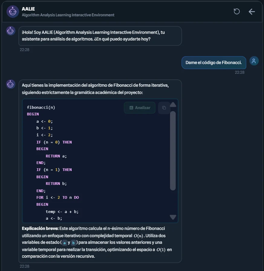 Asistente generando Fibonacci y opción de enviarlo al analizador.