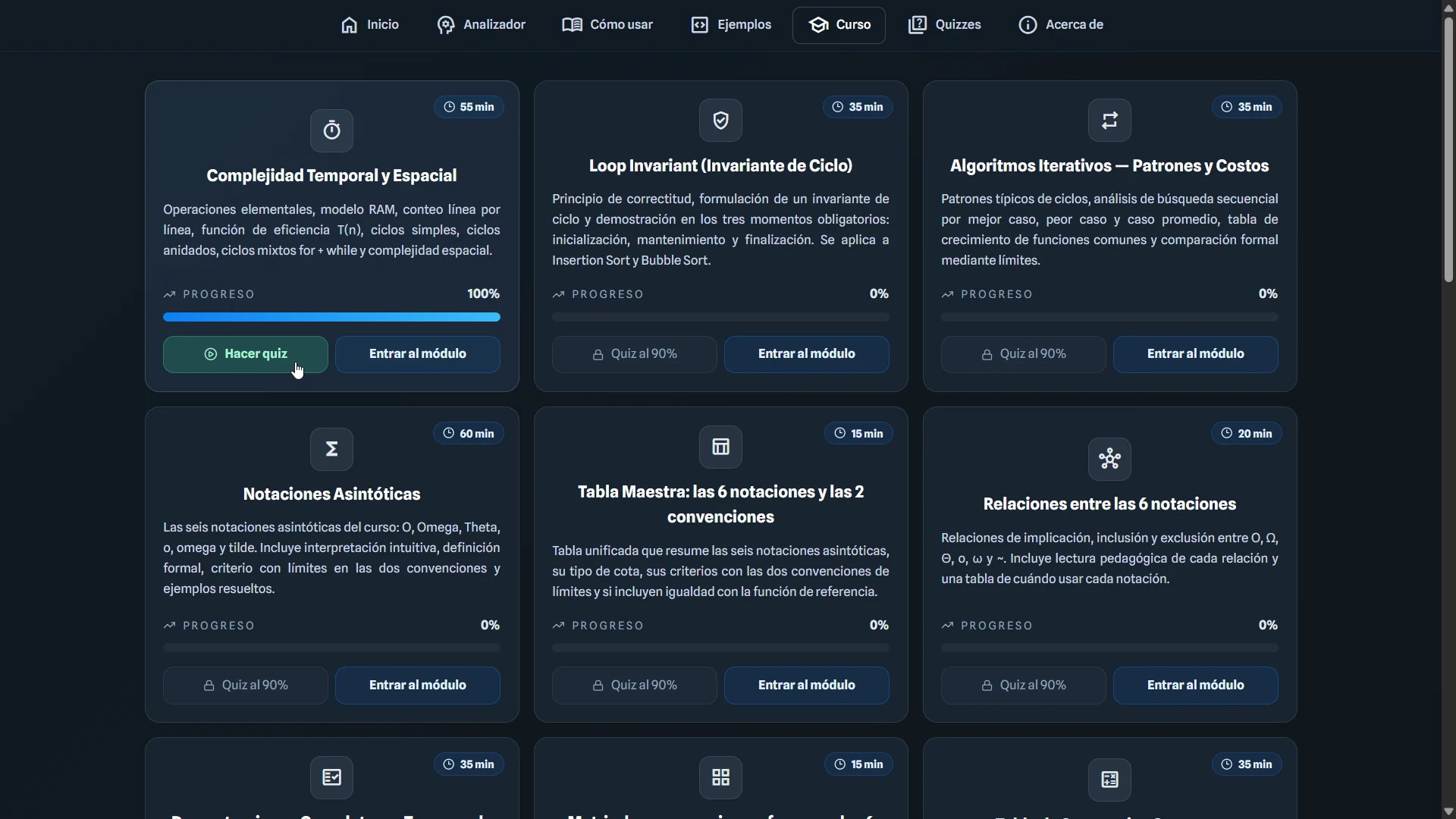 Curso con quiz desbloqueado y otro bloqueado por progreso insuficiente.