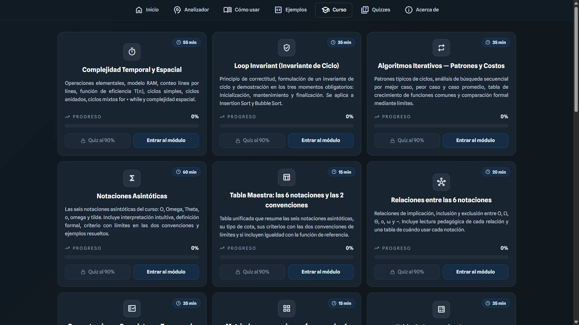 Dashboard de Cursos con progreso visible.