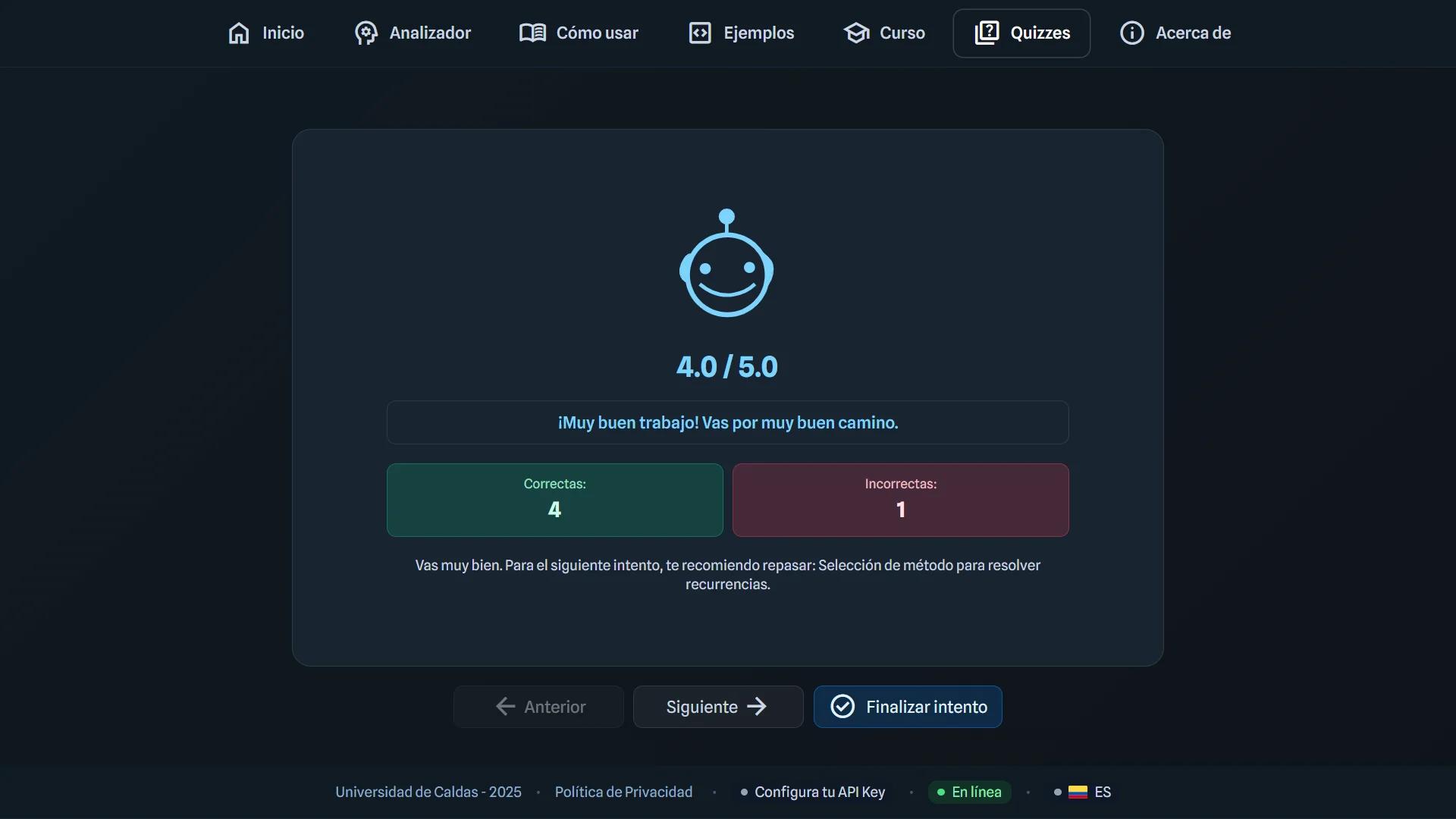 Resultados del quiz con revisión pregunta por pregunta y retroalimentación.
